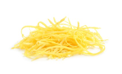 Photo of Pile of lemon zest isolated on white