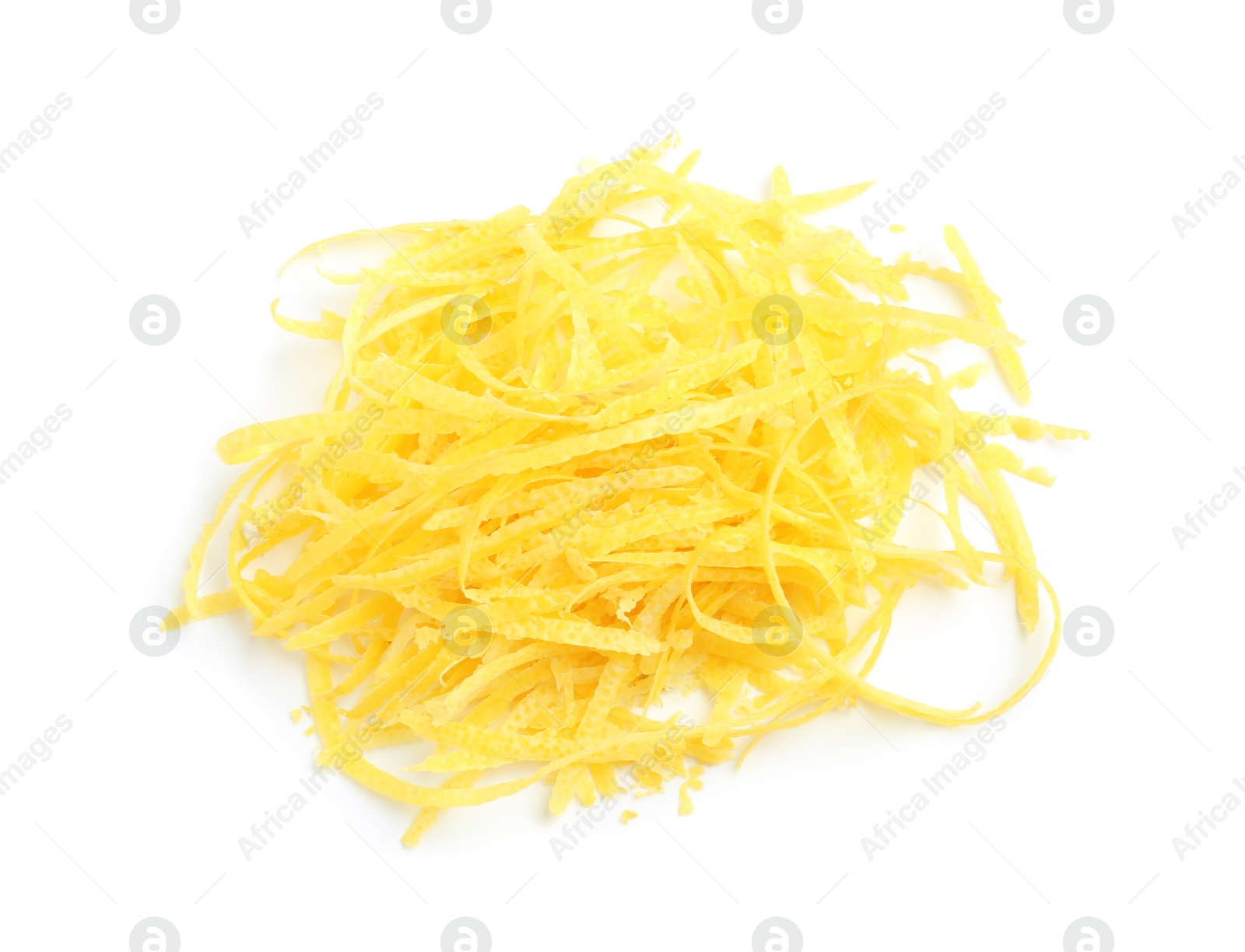 Photo of Pile of lemon zest isolated on white