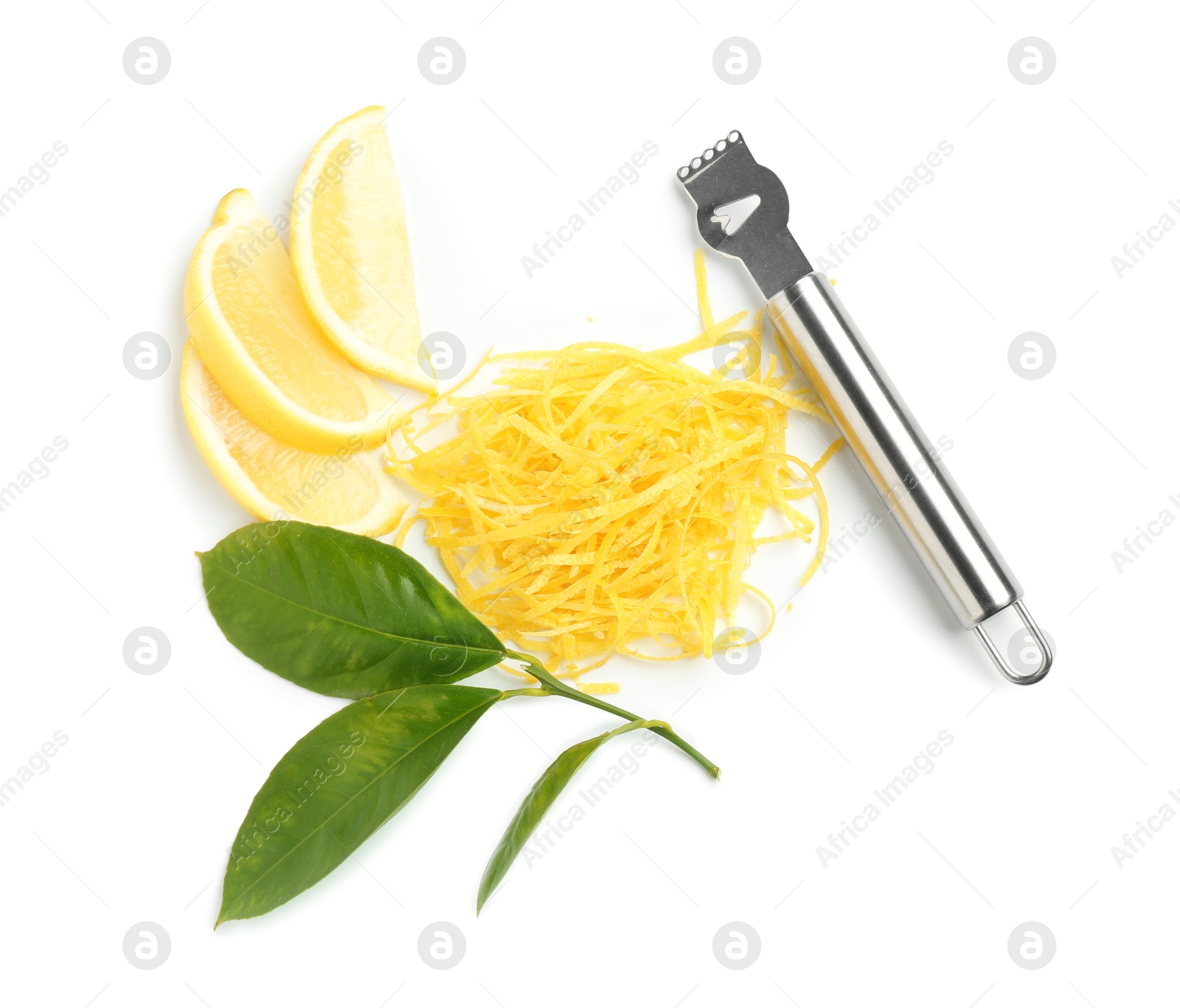 Photo of Lemon zest, fruit slices and zester tool isolated on white, top view