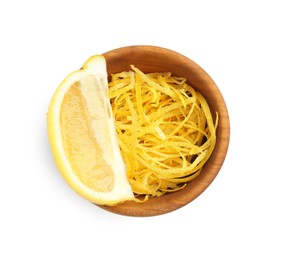 Photo of Fresh lemon zest and fruit slice isolated on white, top view