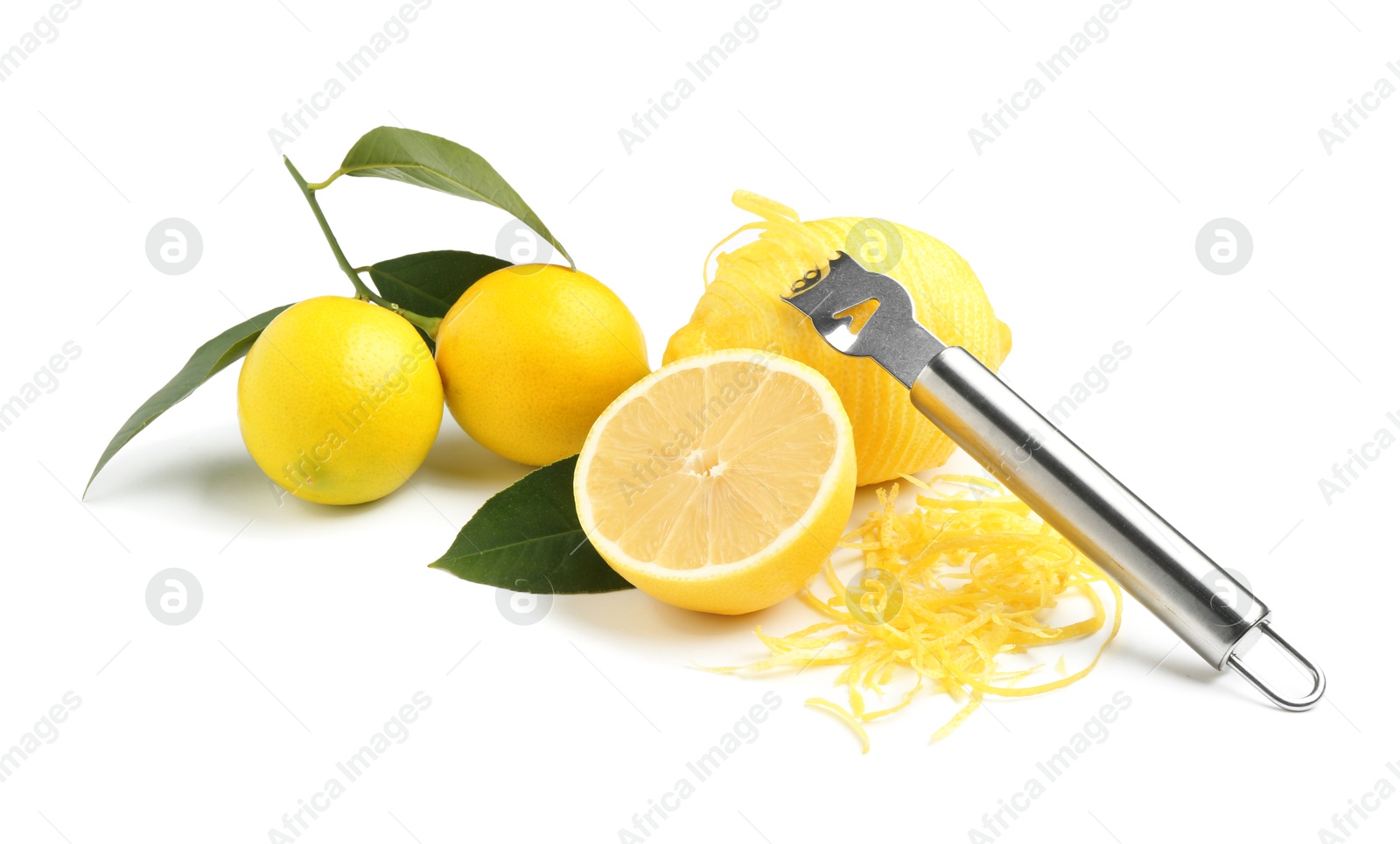 Photo of Lemon zest, fresh fruits and zester tool isolated on white