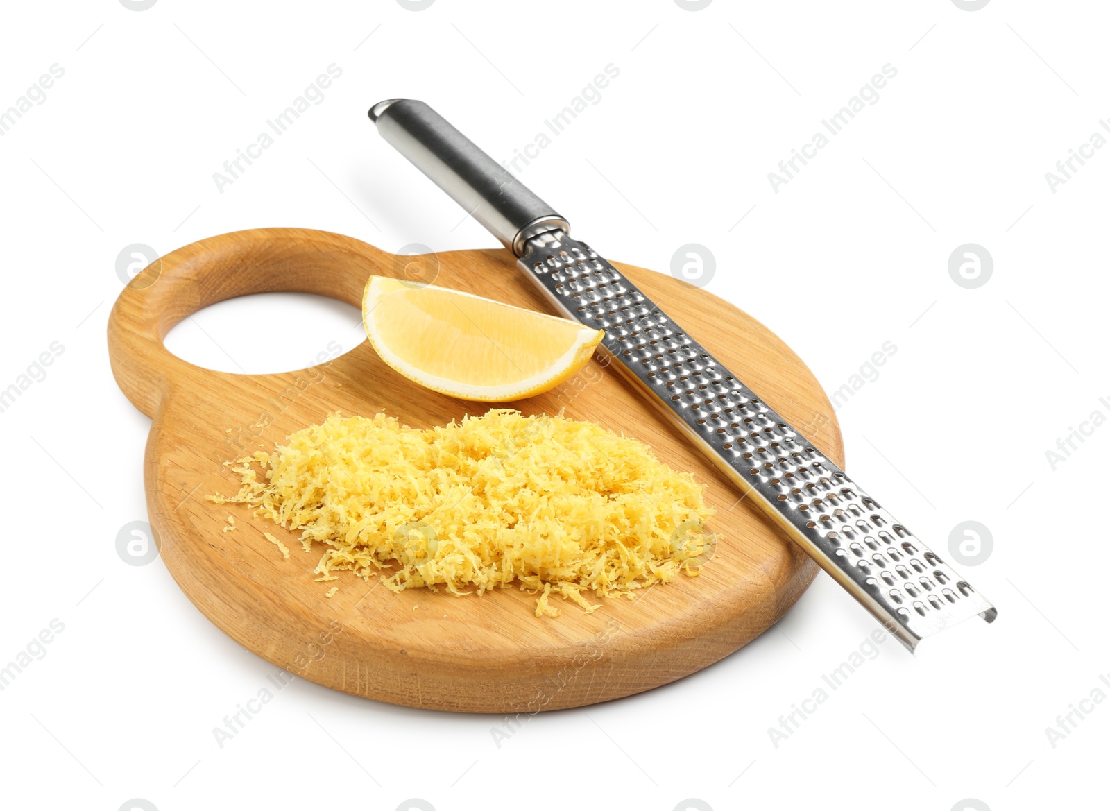 Photo of Lemon zest, piece of fresh fruit and grater isolated on white