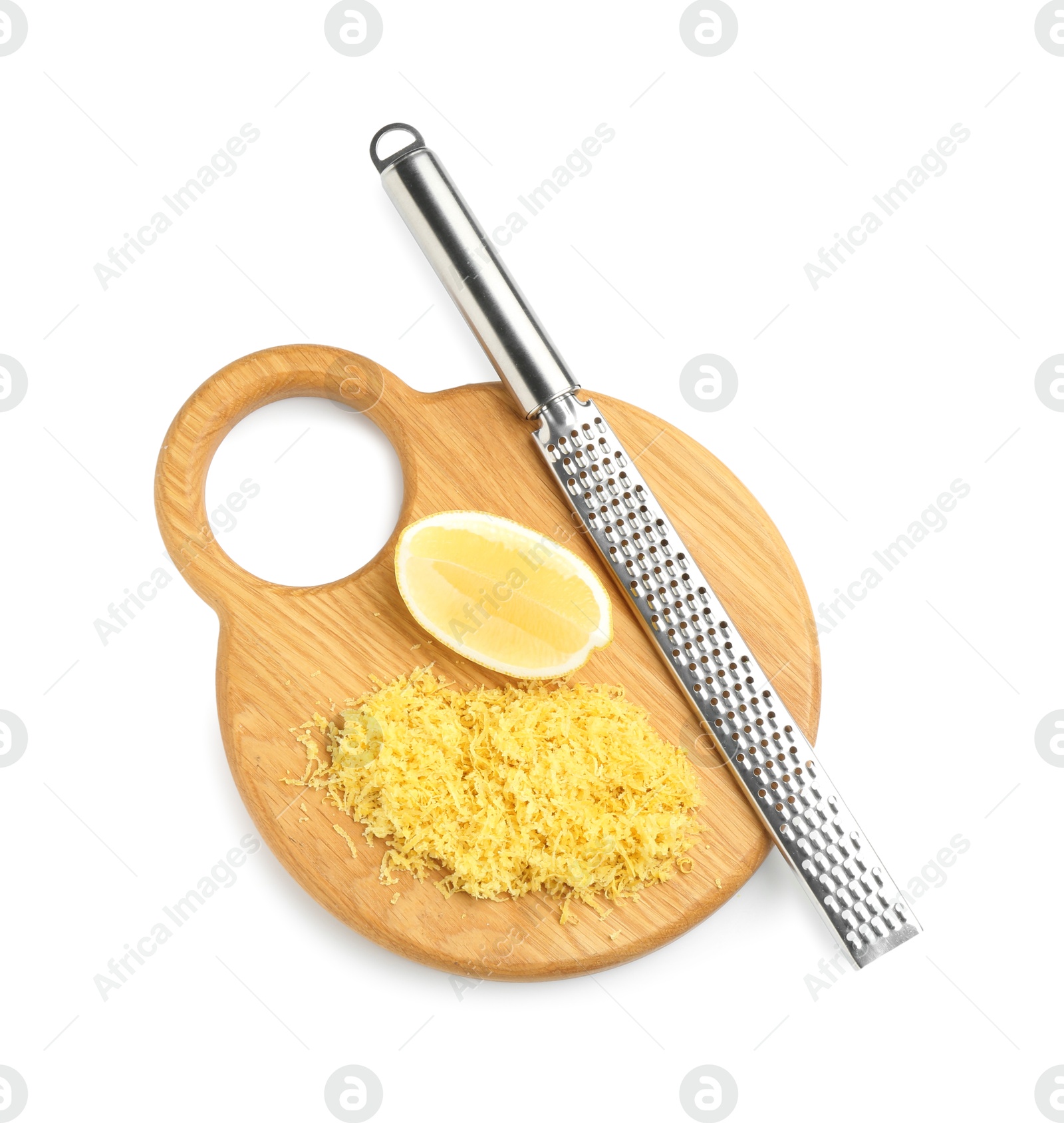 Photo of Lemon zest, piece of fresh fruit and grater isolated on white, top view