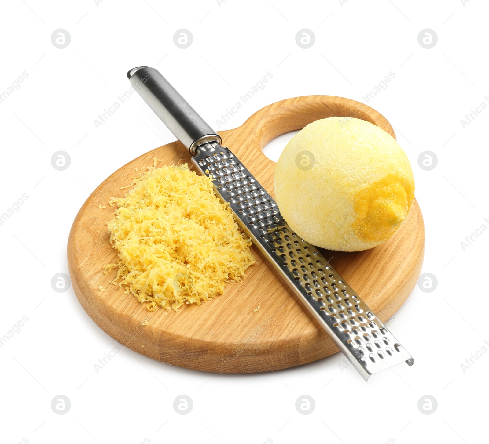 Photo of Lemon zest, fresh fruit and grater isolated on white