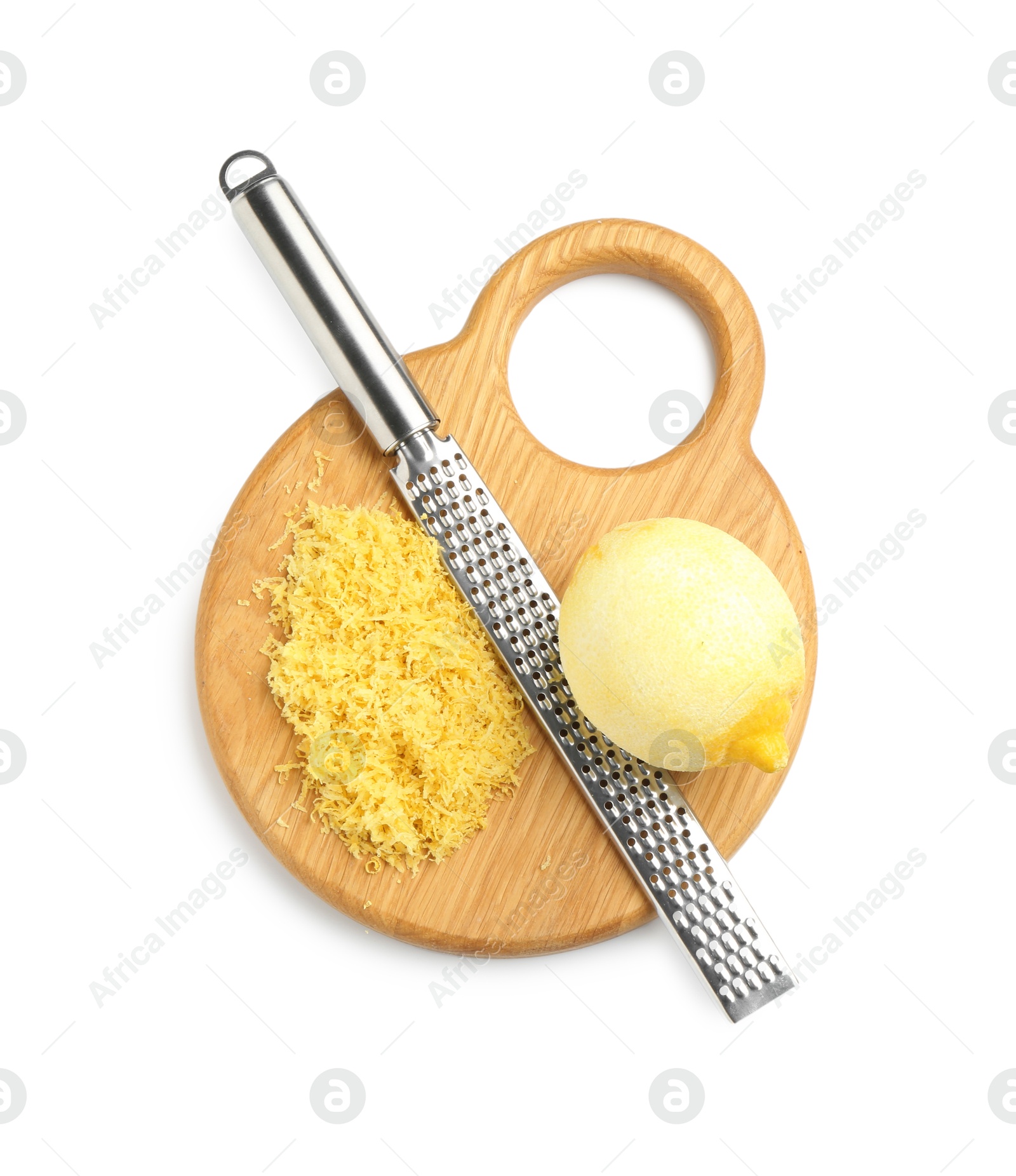 Photo of Lemon zest, fresh fruit and grater isolated on white, top view