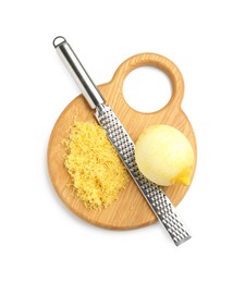 Photo of Lemon zest, fresh fruit and grater isolated on white, top view