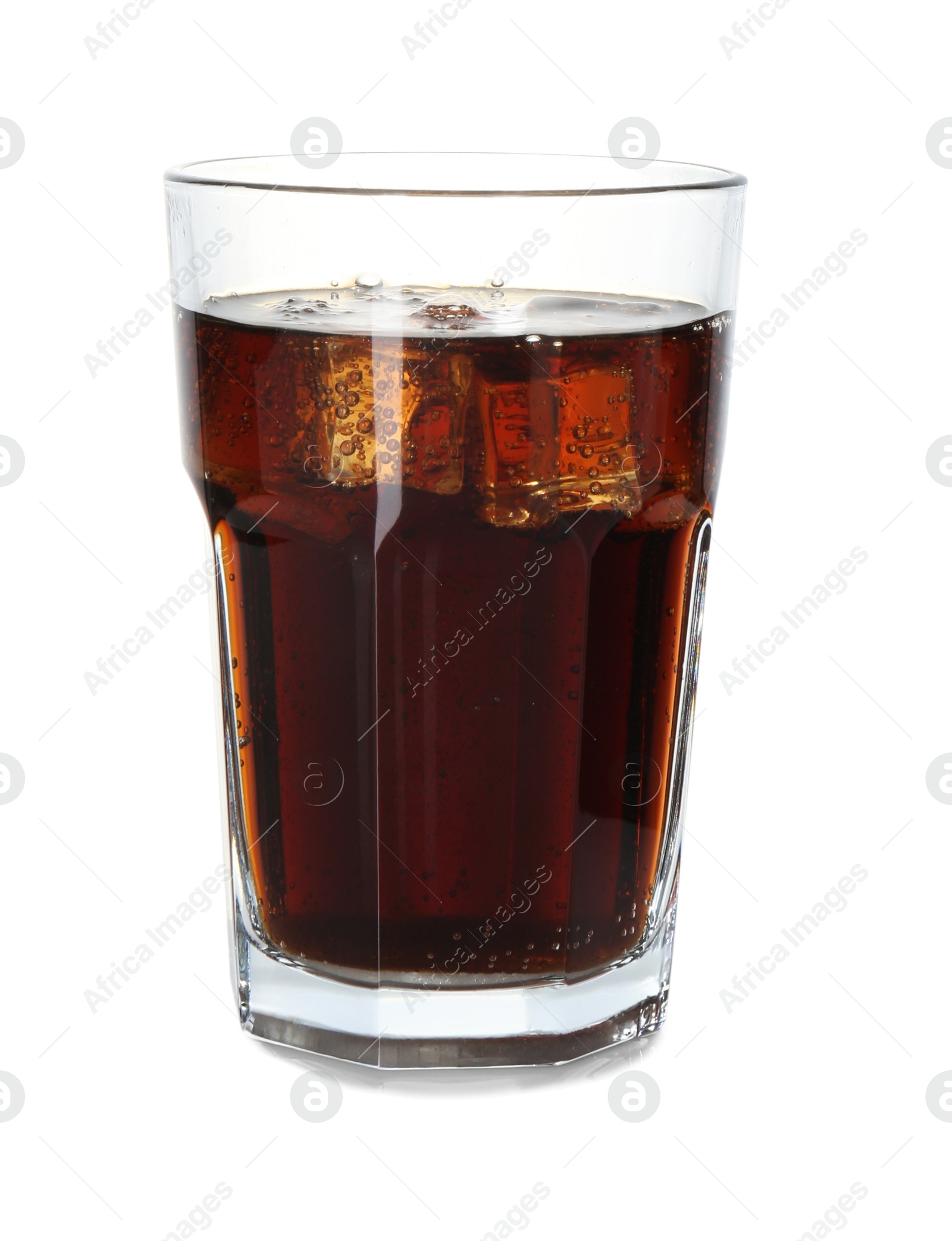 Photo of Refreshing cola with ice cubes in glass isolated on white