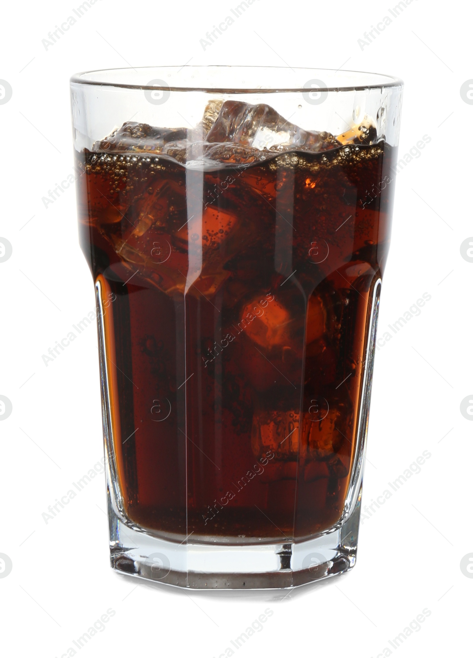 Photo of Refreshing cola with ice cubes in glass isolated on white