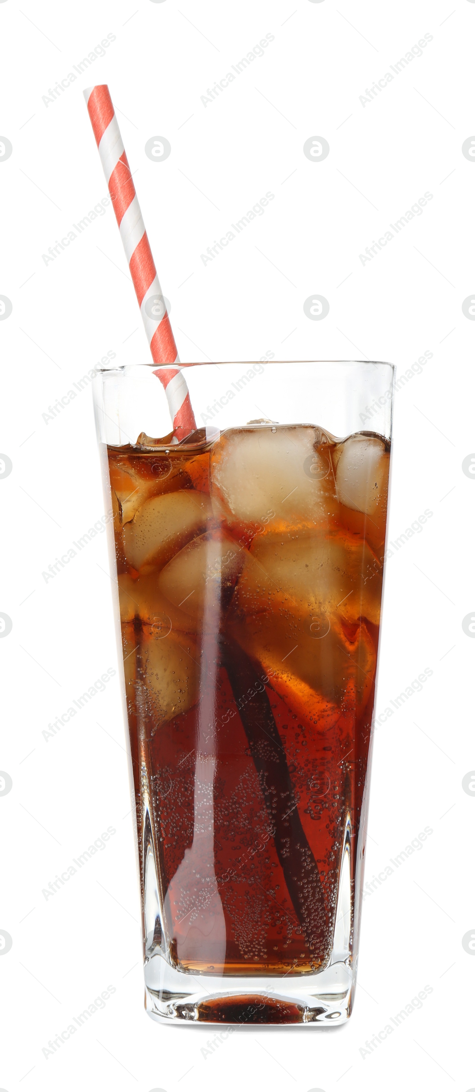 Photo of Refreshing cola with ice cubes and drinking straw in glass isolated on white