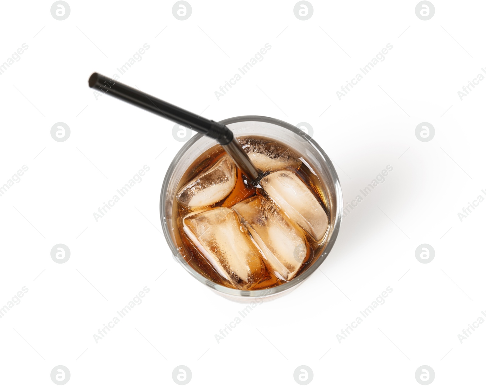 Photo of Refreshing cola with ice cubes and drinking straw in glass isolated on white, top view