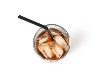 Refreshing cola with ice cubes and drinking straw in glass isolated on white, top view