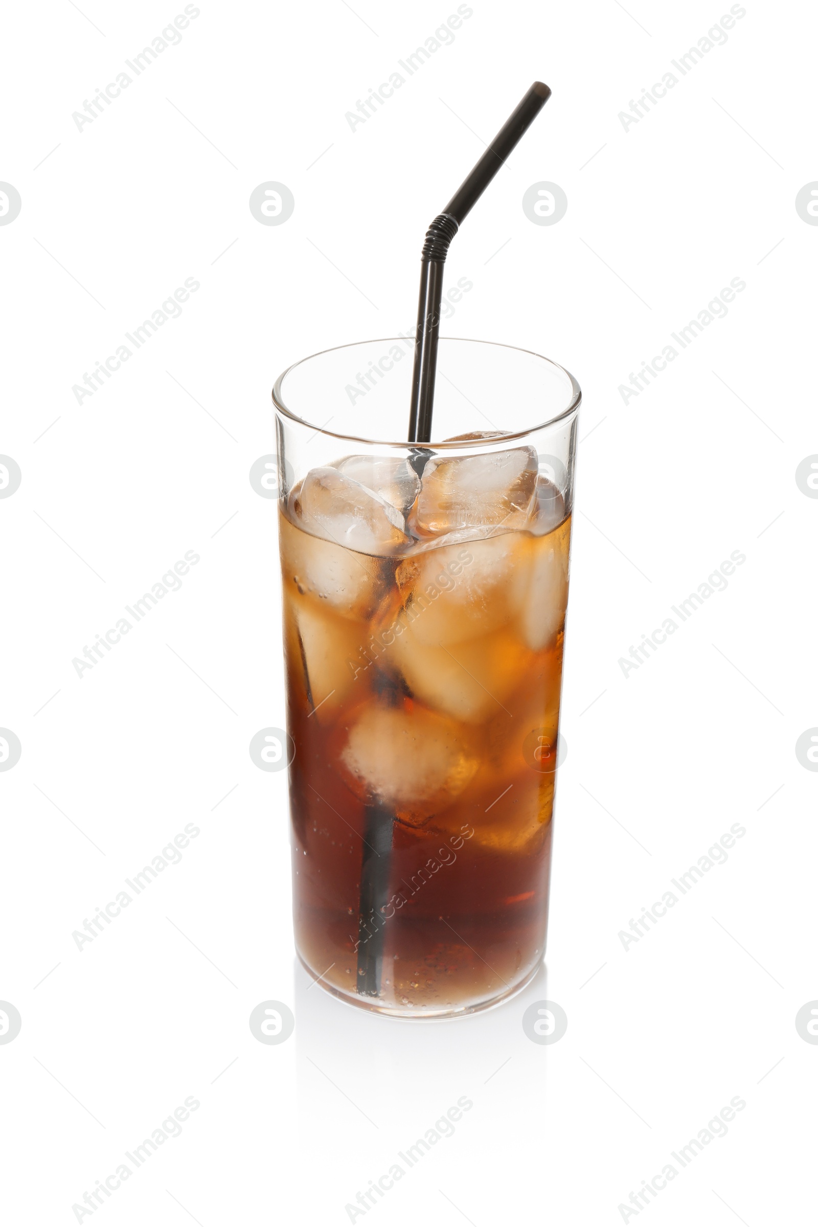 Photo of Refreshing cola with ice cubes and drinking straw in glass isolated on white