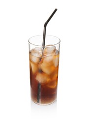 Refreshing cola with ice cubes and drinking straw in glass isolated on white