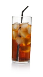 Photo of Refreshing cola with ice cubes and drinking straw in glass isolated on white