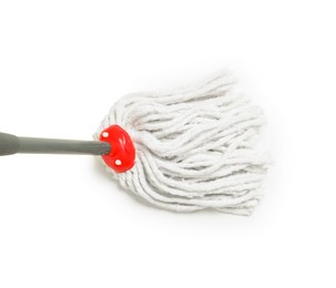 Photo of String mop isolated on white, above view. Cleaning equipment