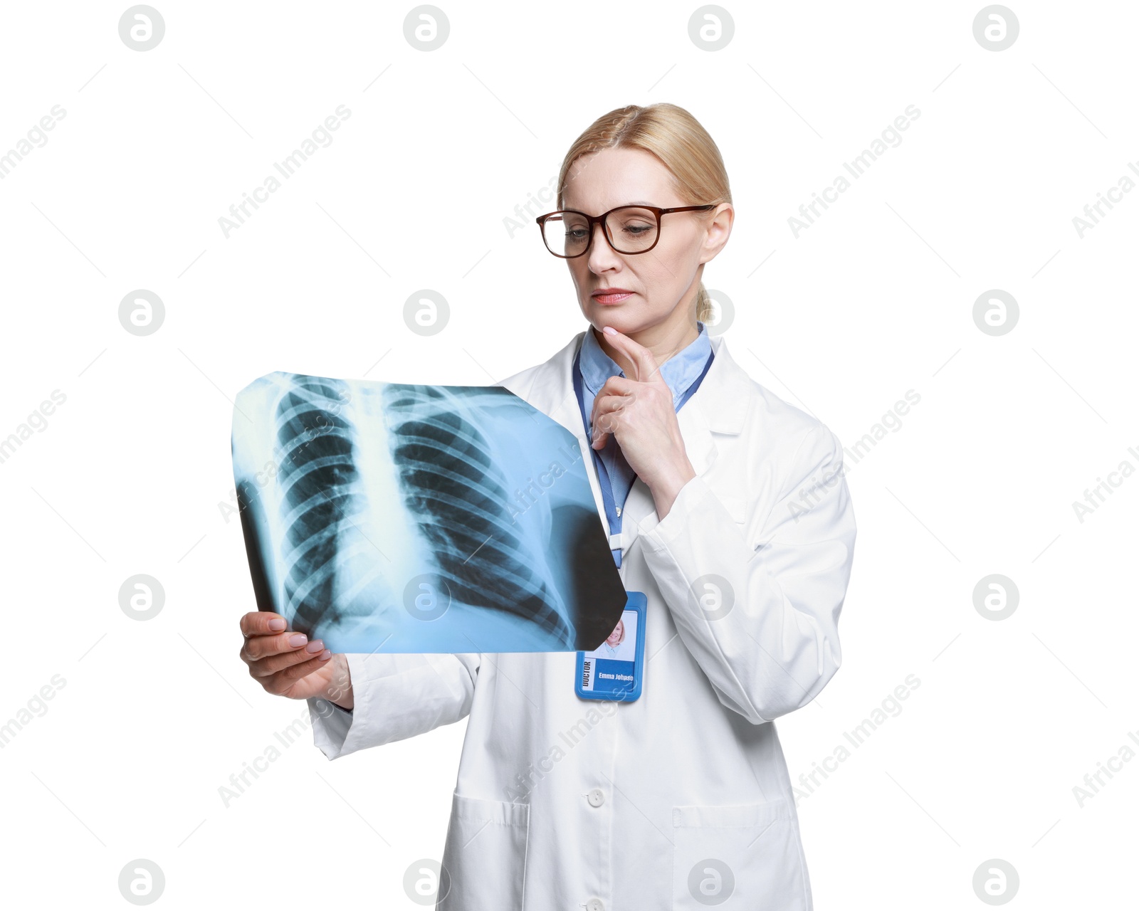 Photo of Doctor examining chest x-ray on white background