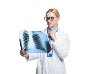 Photo of Doctor examining chest x-ray on white background