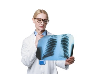 Photo of Doctor examining chest x-ray on white background