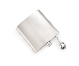 Photo of One metal hip flask isolated on white, top view