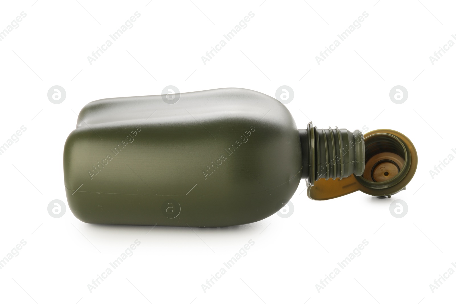 Photo of One green plastic canteen isolated on white