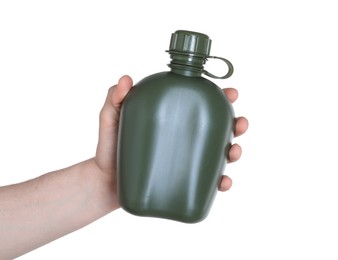 Photo of Man holding green plastic canteen on white background, closeup