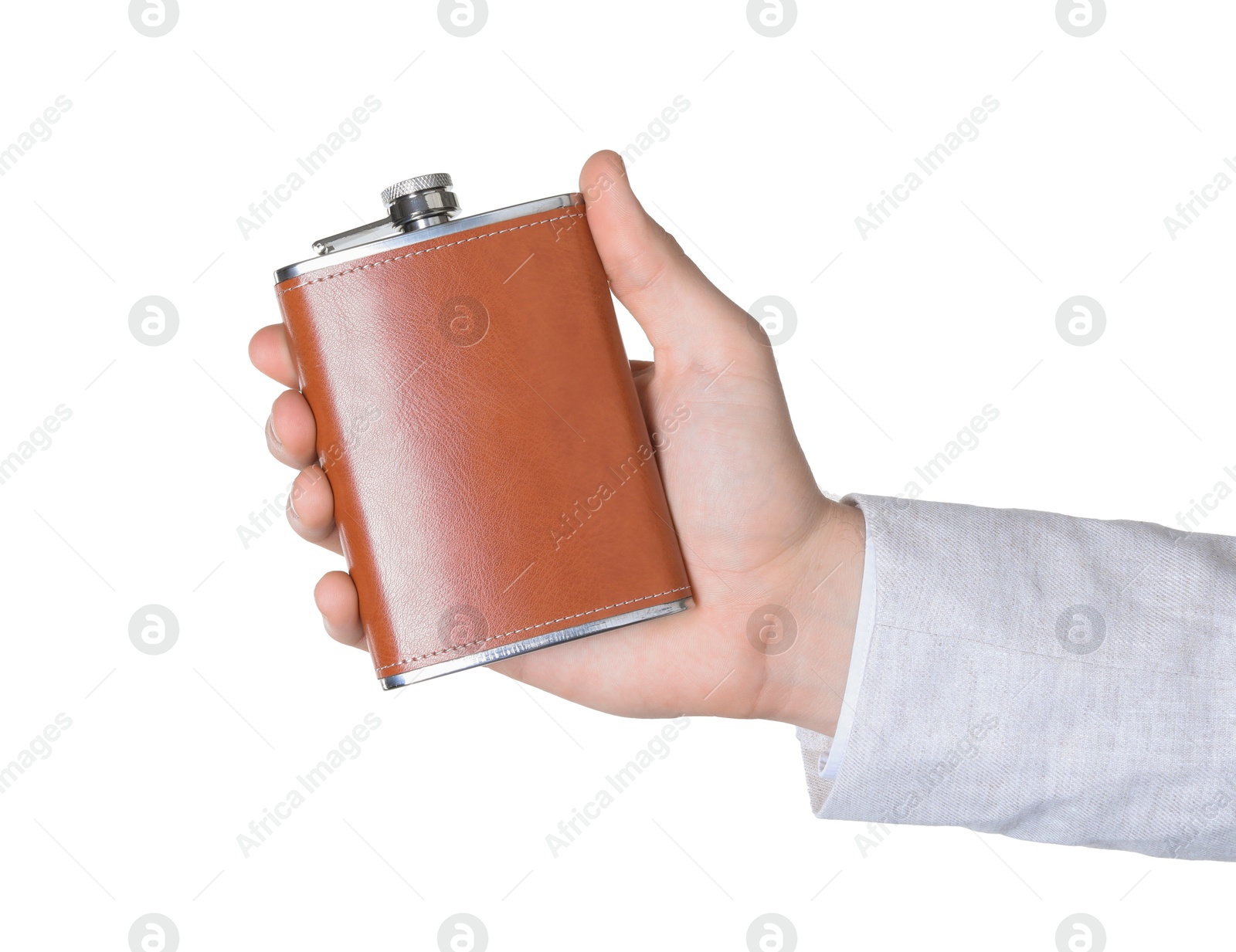 Photo of Man holding new hip flask on white background, closeup