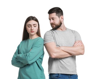 Photo of Resentful couple with crossed arms on white background