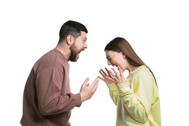 Angry couple arguing and screaming on white background