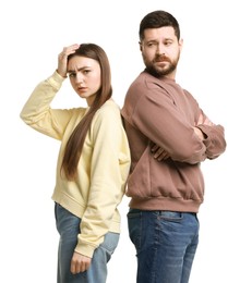 Photo of Resentful couple on white background. Relationship problem