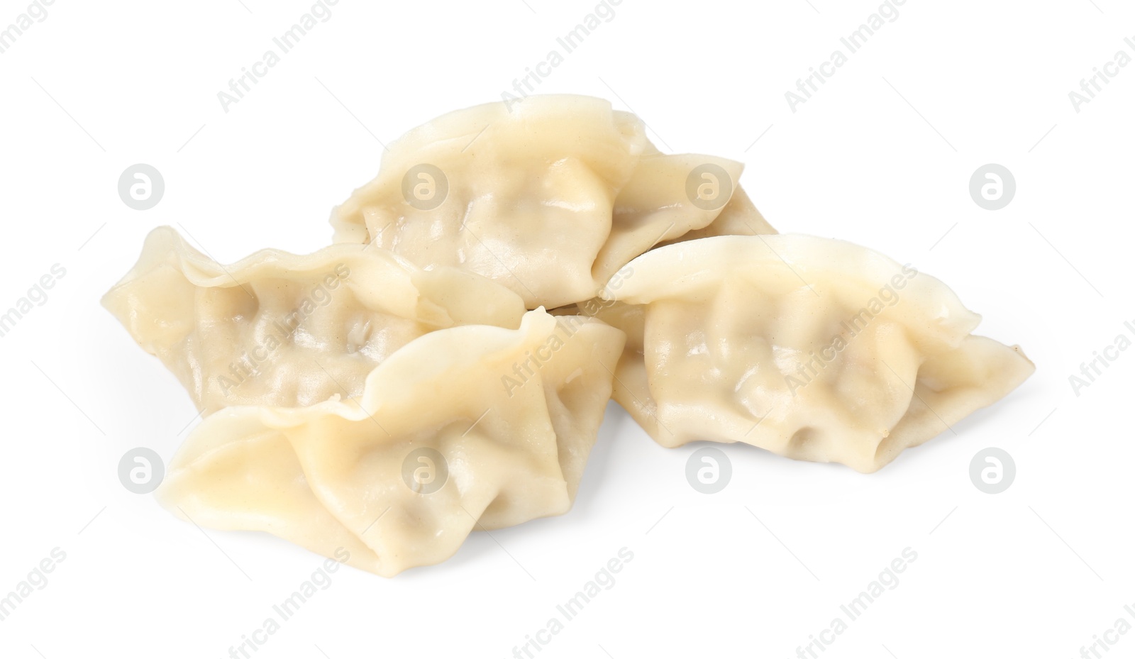 Photo of Tasty boiled gyoza (dumplings) isolated on white