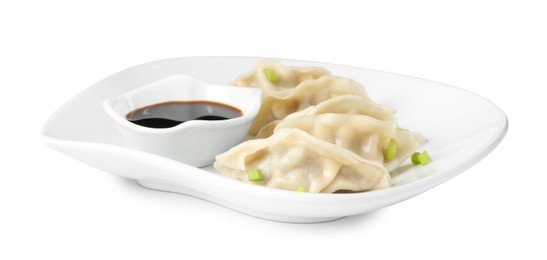 Photo of Tasty gyoza (dumplings) and soy sauce isolated on white