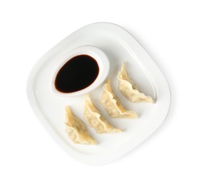 Photo of Tasty gyoza (dumplings) and soy sauce isolated on white, top view