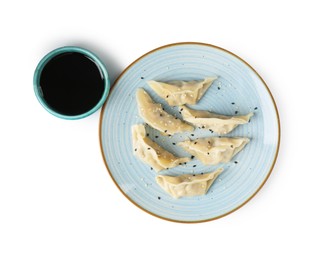 Photo of Tasty gyoza (dumplings) and soy sauce isolated on white, top view