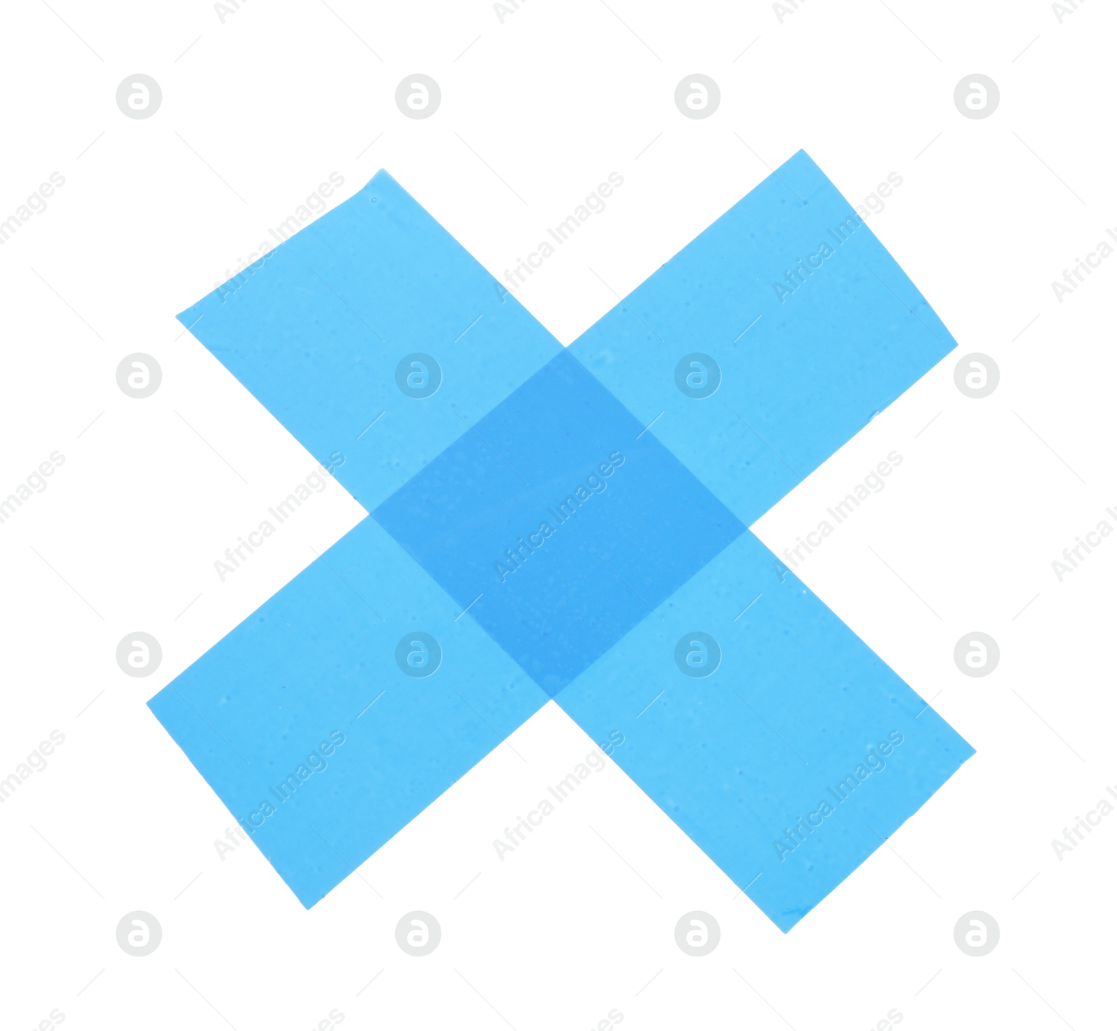 Photo of Cross made of light blue adhesive tape on white background, top view