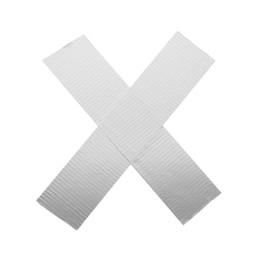 Photo of Cross made of silver adhesive tape on white background, top view