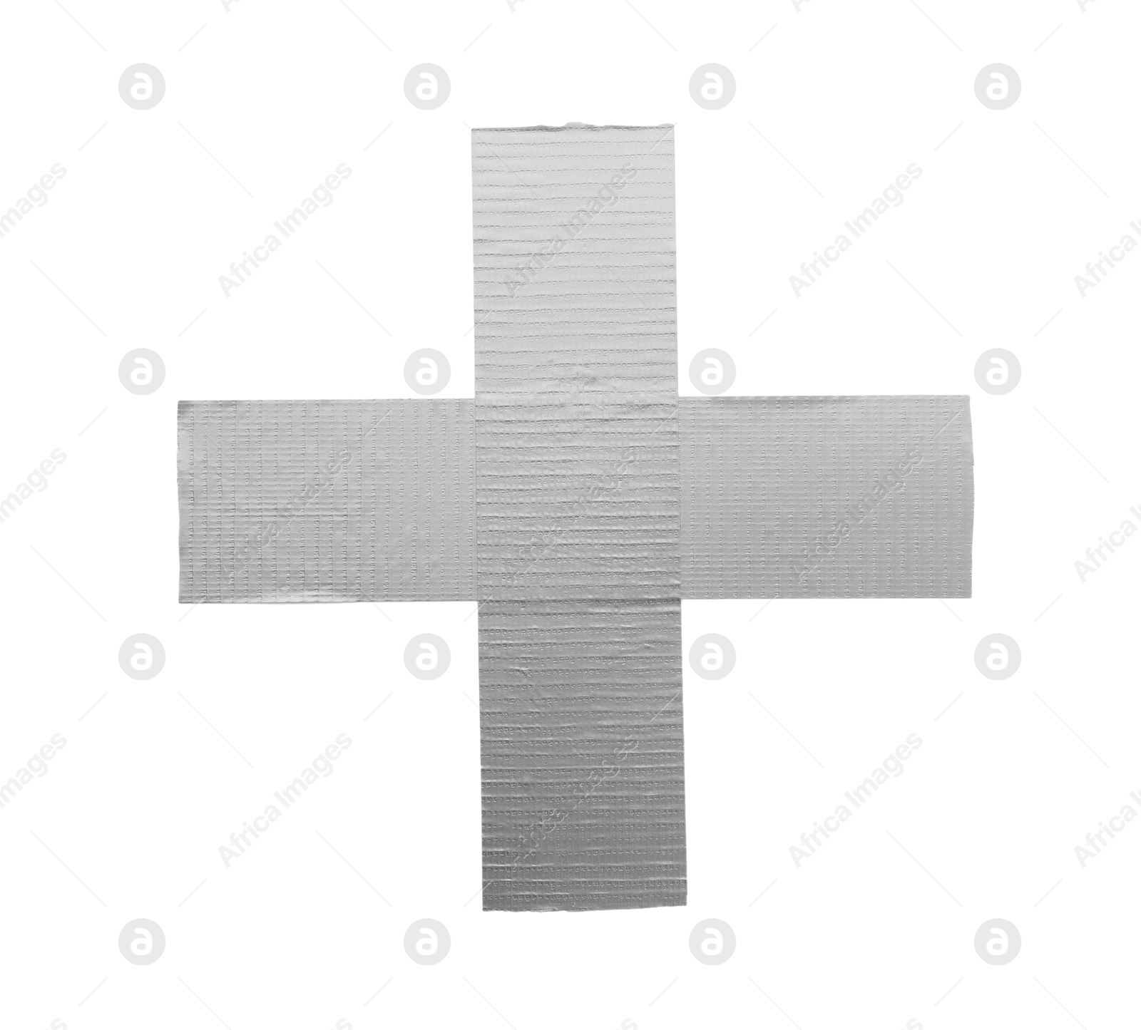 Photo of Plus sign made of silver adhesive tape on white background, top view