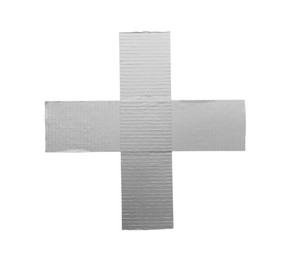 Photo of Plus sign made of silver adhesive tape on white background, top view