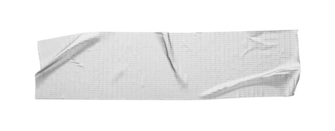 Photo of Strip of silver adhesive tape on white background, top view