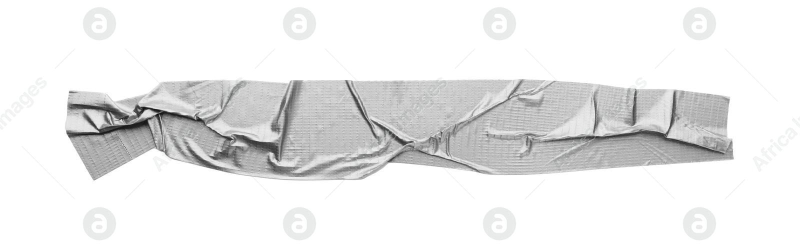 Photo of Wrinkled strip of silver adhesive tape on white background, top view