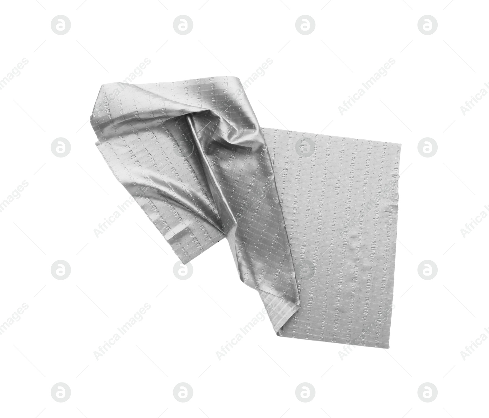 Photo of Strip of silver adhesive tape on white background, top view