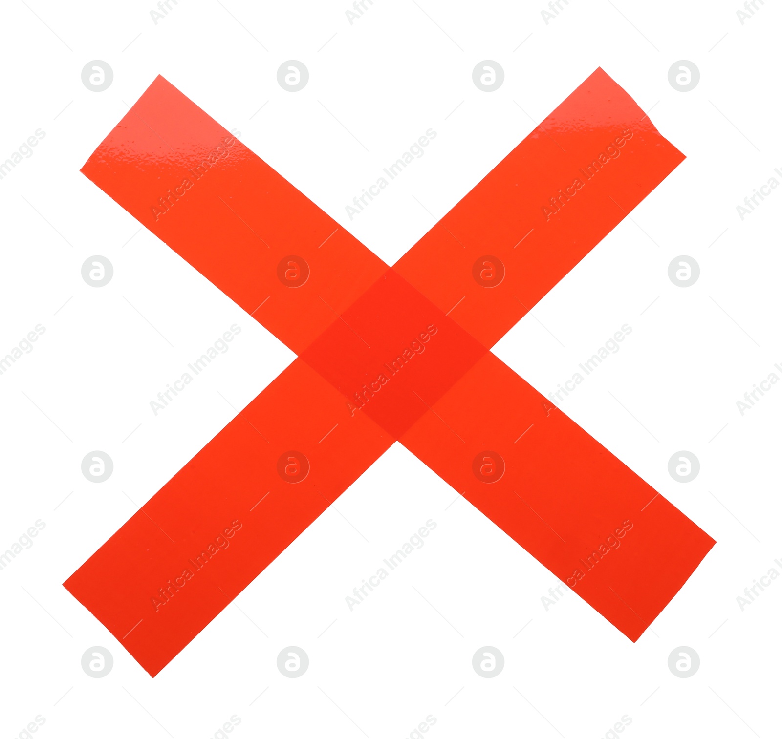 Photo of Cross made of red adhesive tape on white background, top view