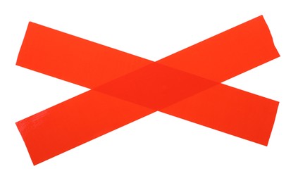 Photo of Cross made of red adhesive tape on white background, top view