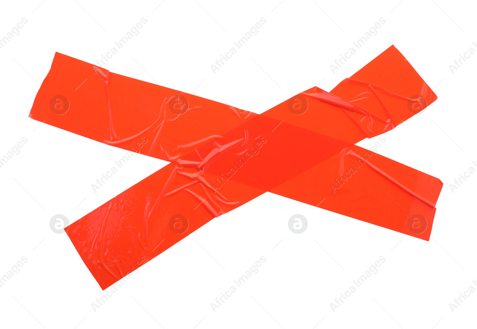 Photo of Cross made of red adhesive tape on white background, top view