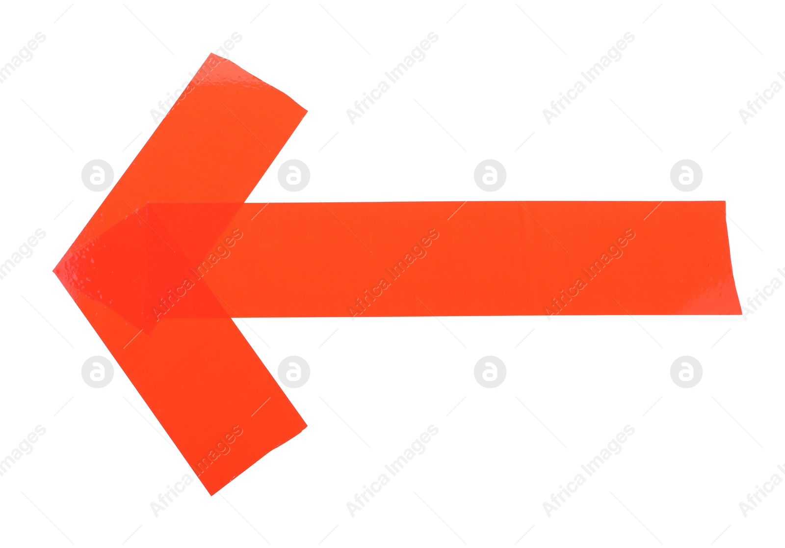 Photo of Arrow made of red adhesive tape on white background, top view