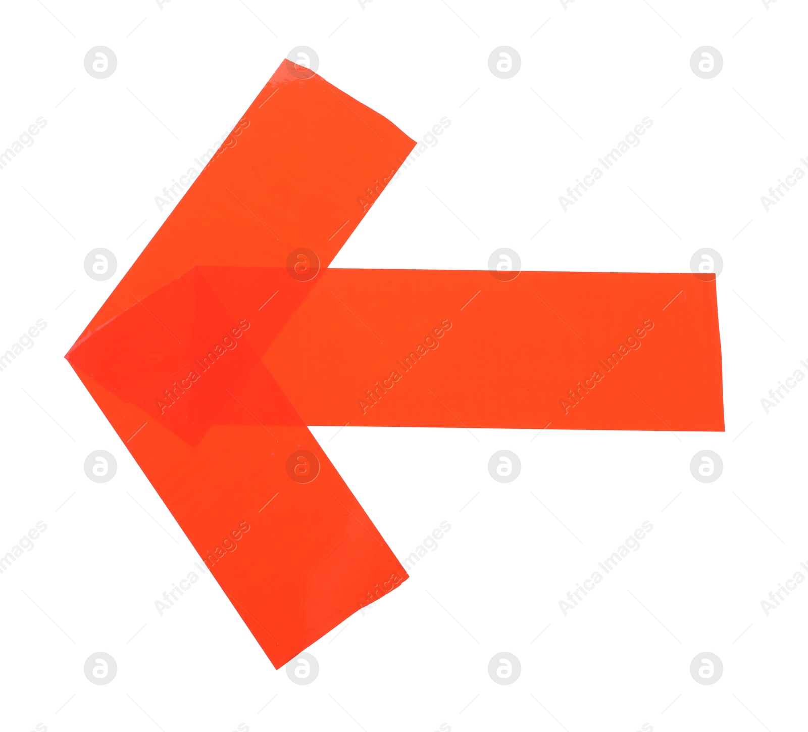 Photo of Arrow made of red adhesive tape on white background, top view