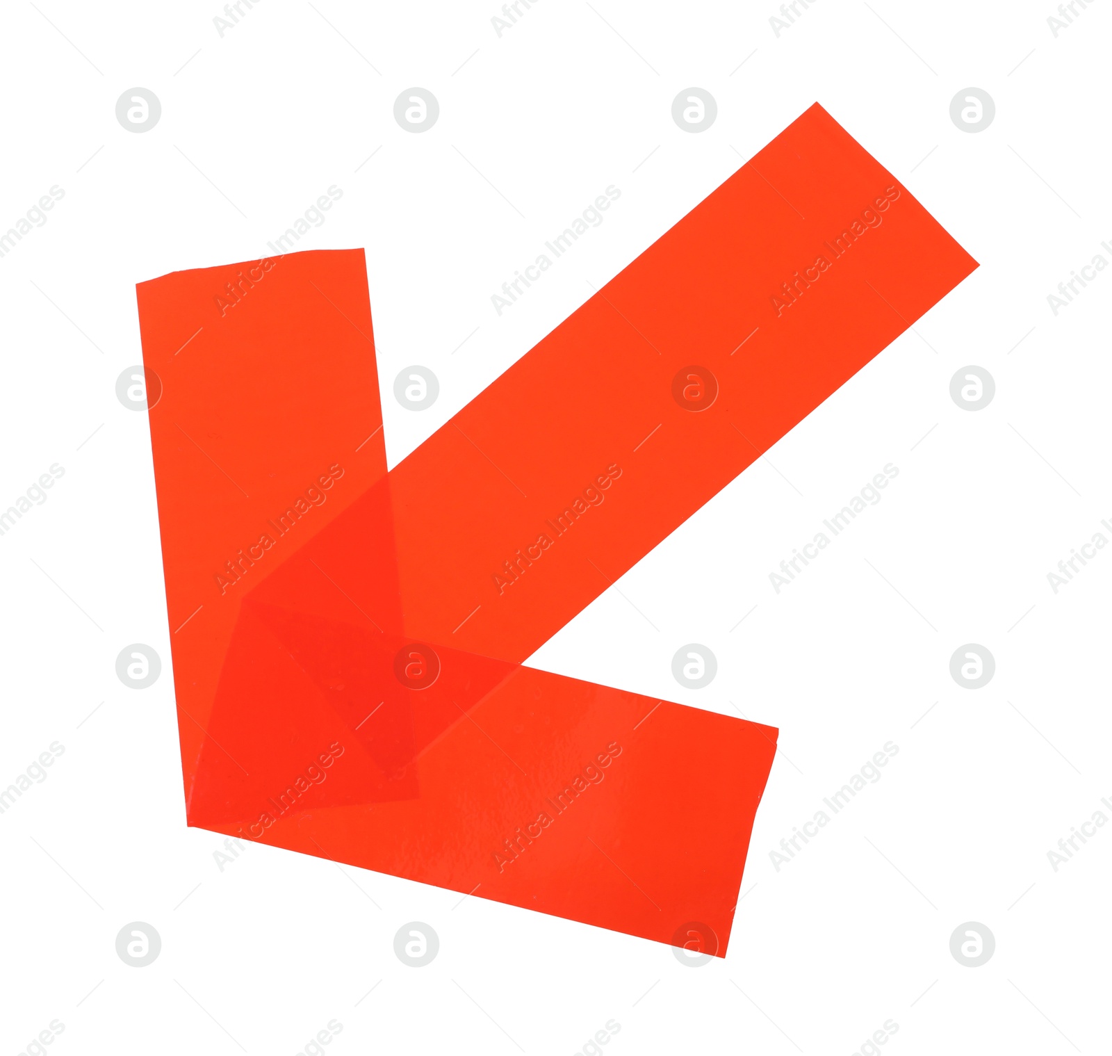 Photo of Arrow made of red adhesive tape on white background, top view