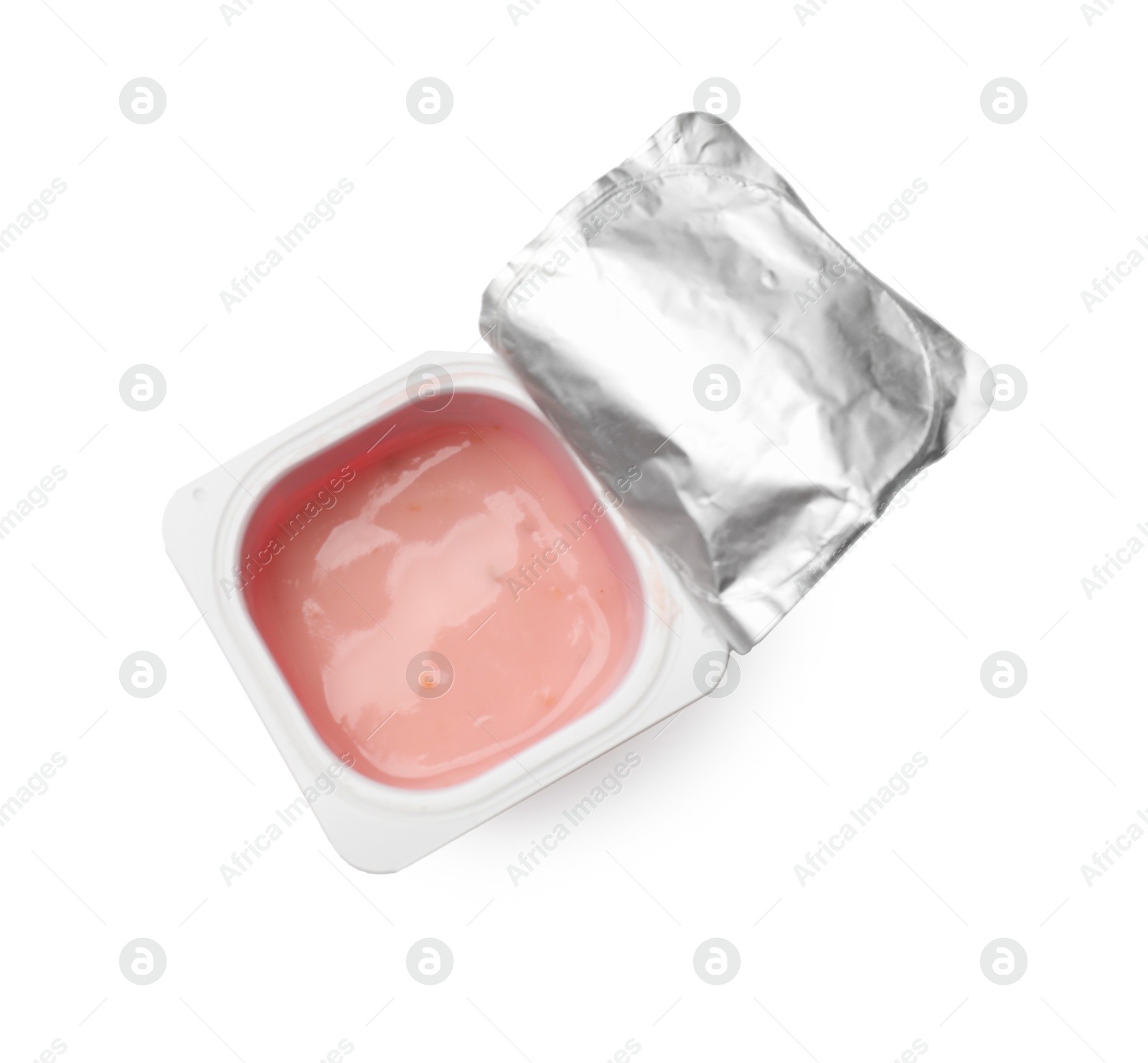 Photo of Delicious yogurt in plastic cup isolated on white, top view