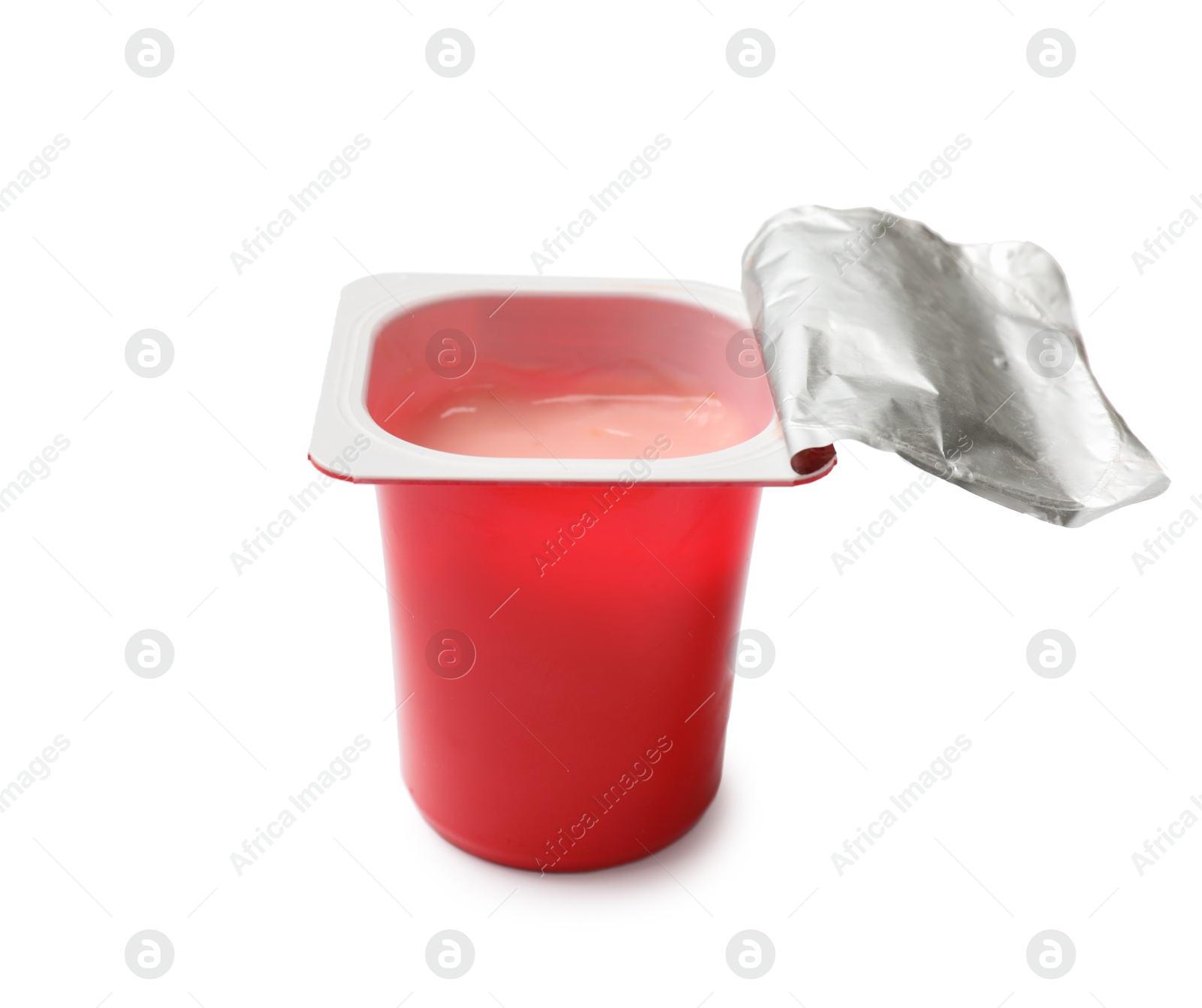 Photo of Delicious yogurt in plastic cup isolated on white