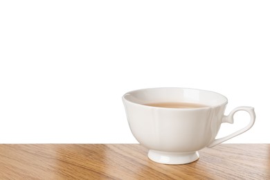 Refreshing green tea in cup on wooden table against white background. Space for text