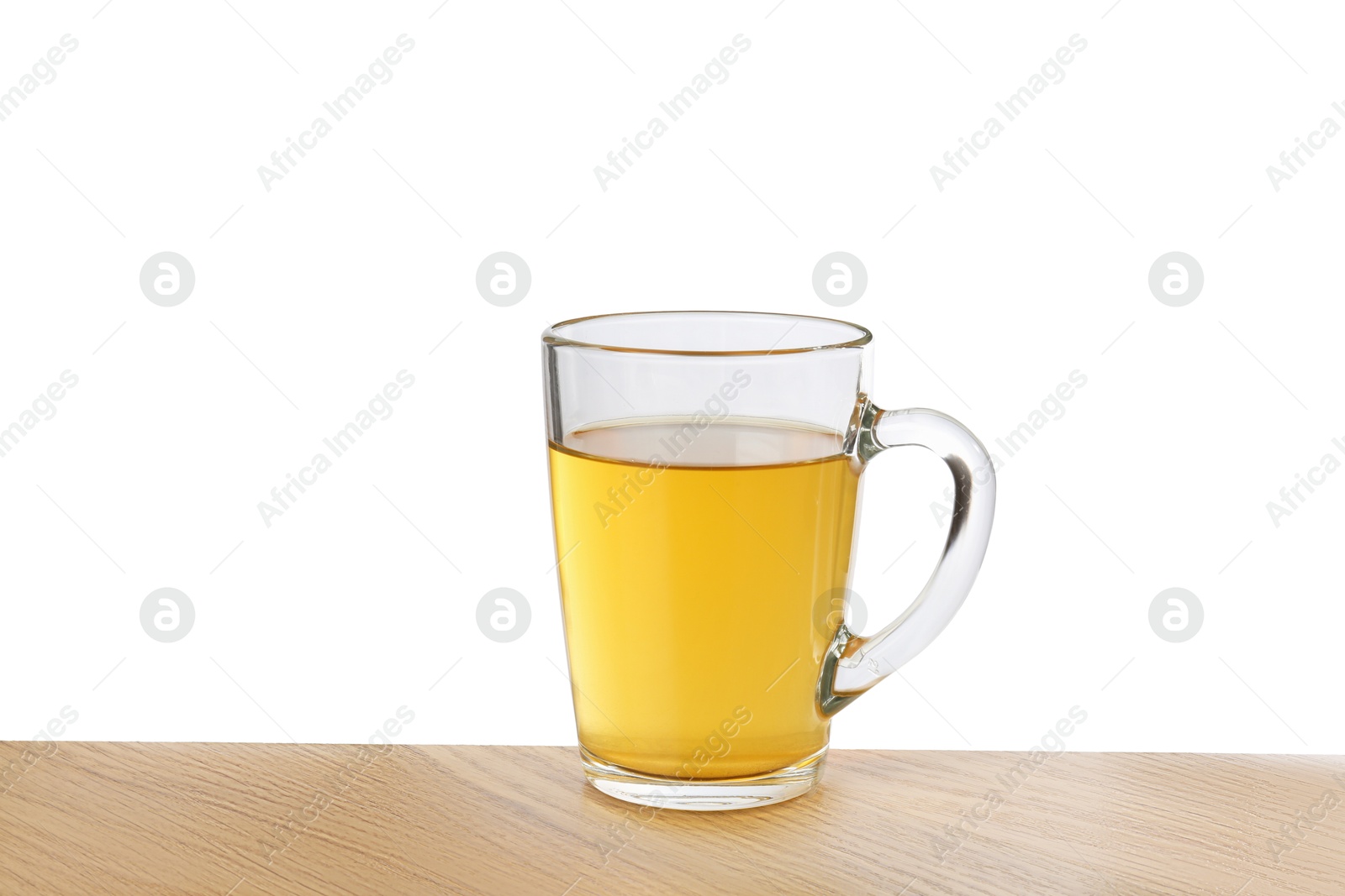 Photo of Refreshing green tea in cup on wooden table against white background